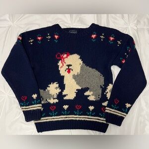 Vintage English Sheepdogs Puppies Woolrich Women's Navy Blue Knit Wool Sweater